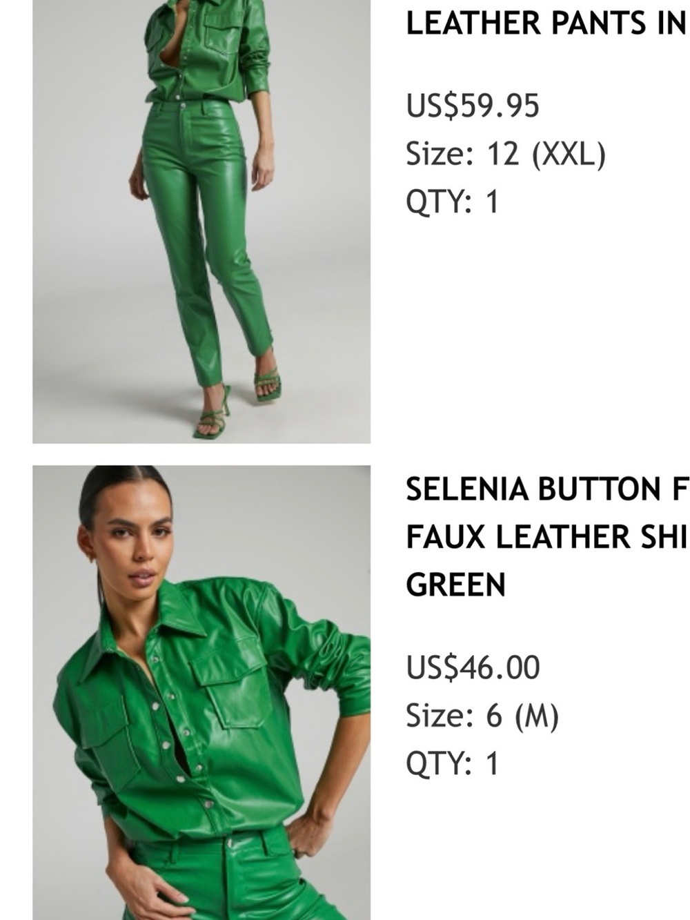 Showpo Selenia Faux Leather Button-Down Shirt in Green w/ Pants